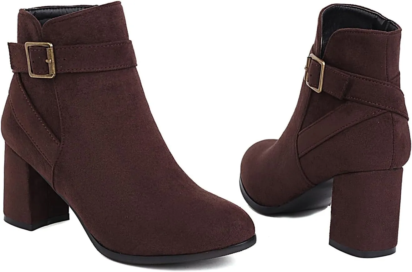 Women's Chunky Block Heel Ankle Boots Faux-Suede Chunky High Heel Round Toe Side Zip Fashion Casual Booties
