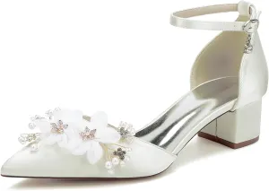 Women's Chunky Block Heel Pumps Closed Pointed Toe Satin with Embroidery Lace Flower Ankle Strap Wedding Bridal Shoes