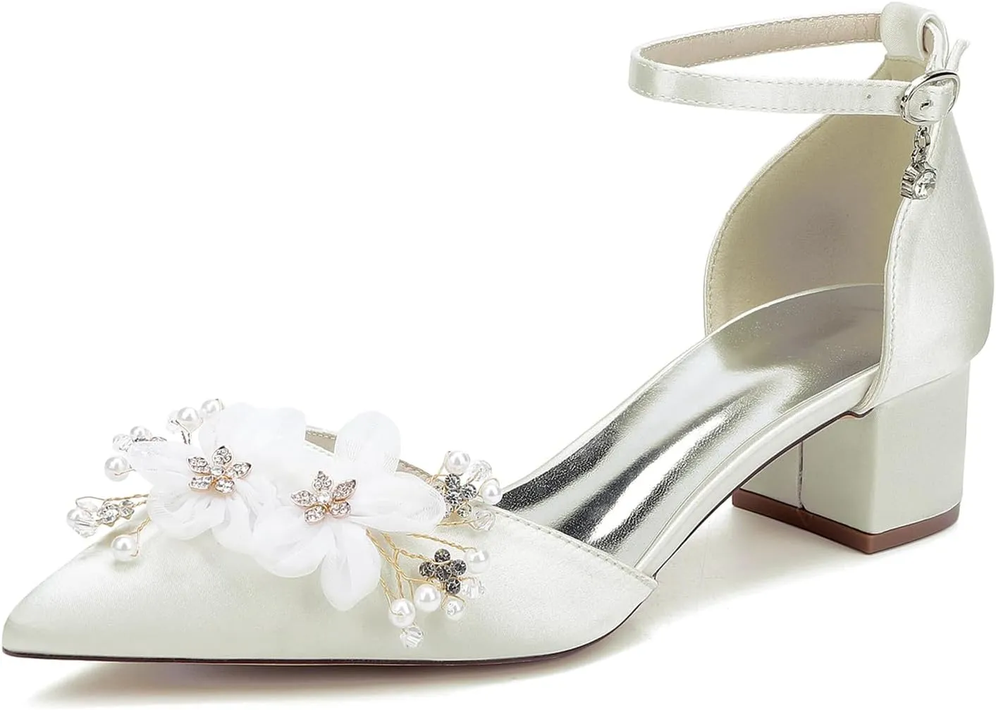 Women's Chunky Block Heel Pumps Closed Pointed Toe Satin with Embroidery Lace Flower Ankle Strap Wedding Bridal Shoes