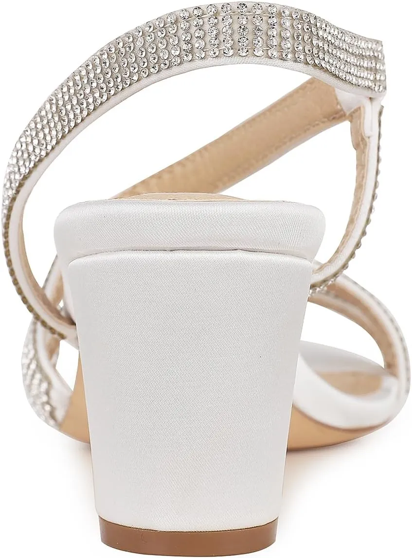 Women's Chunky High Heels Sandals, Rhinetstone Low Block Heels for Women, Fashion Strappy Sandals Glitter Slip on Round Toe Sparkly Heels Comfortable Lady Shoes