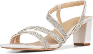 Women's Chunky High Heels Sandals, Rhinetstone Low Block Heels for Women, Fashion Strappy Sandals Glitter Slip on Round Toe Sparkly Heels Comfortable Lady Shoes