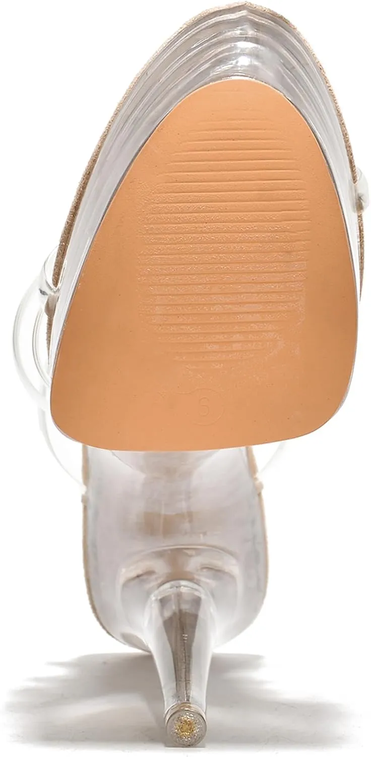 Women's Clear Strappy Stiletto Heels - Nude Platform Sandals with Ankle Strap | Pleaser (Kim)