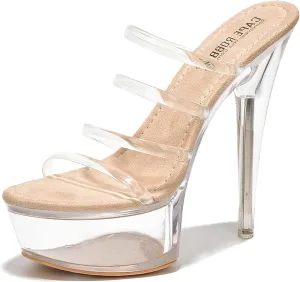 Women's Clear Strappy Stiletto Heels - Nude Platform Sandals with Ankle Strap | Pleaser (Kim)