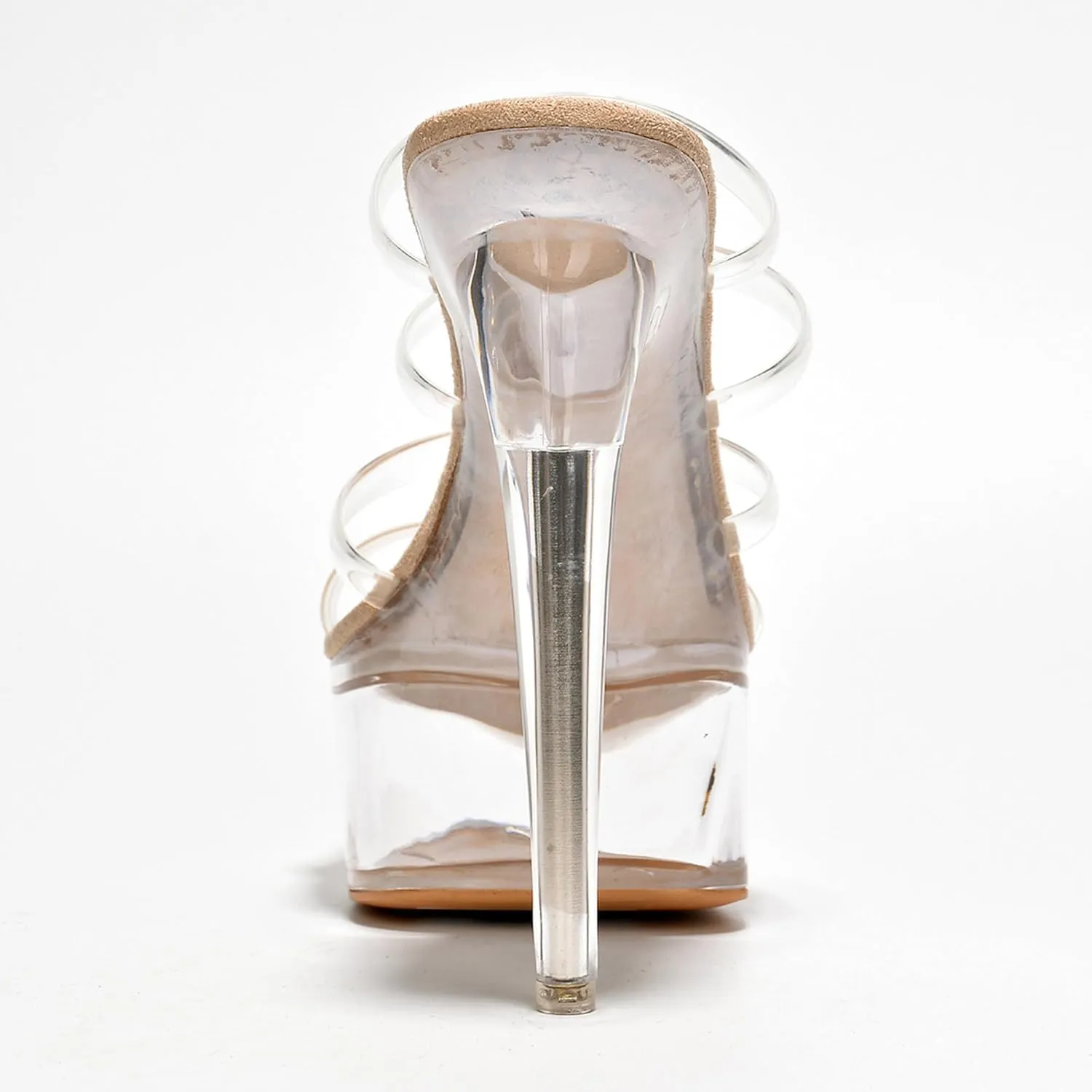 Women's Clear Strappy Stiletto Heels - Nude Platform Sandals with Ankle Strap | Pleaser (Kim)