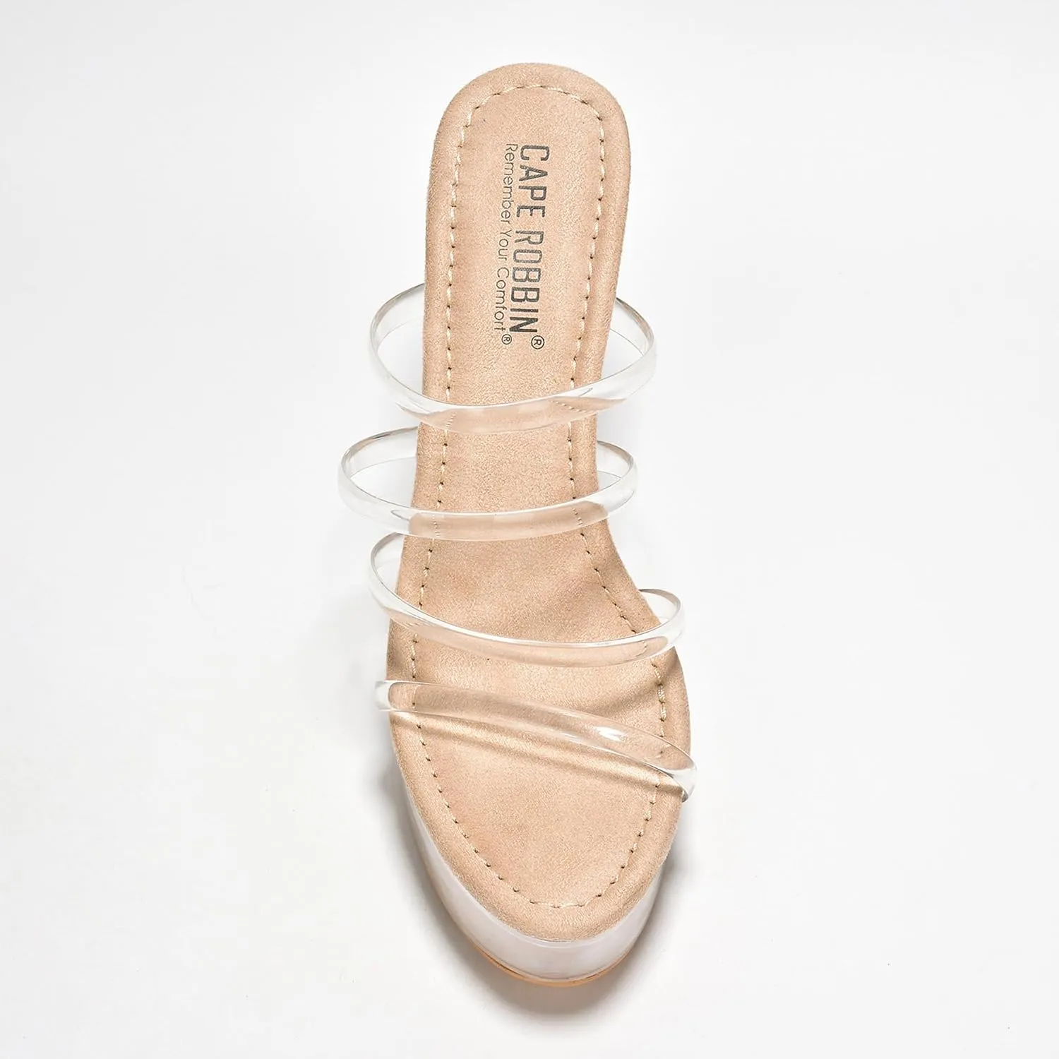 Women's Clear Strappy Stiletto Heels - Nude Platform Sandals with Ankle Strap | Pleaser (Kim)