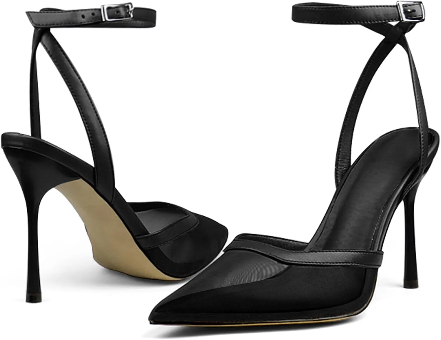 Women's Closed Toe Heeled Sandals Ankle Buckle Strap Mesh Shoes Funky Cowhide Pointed Dresses