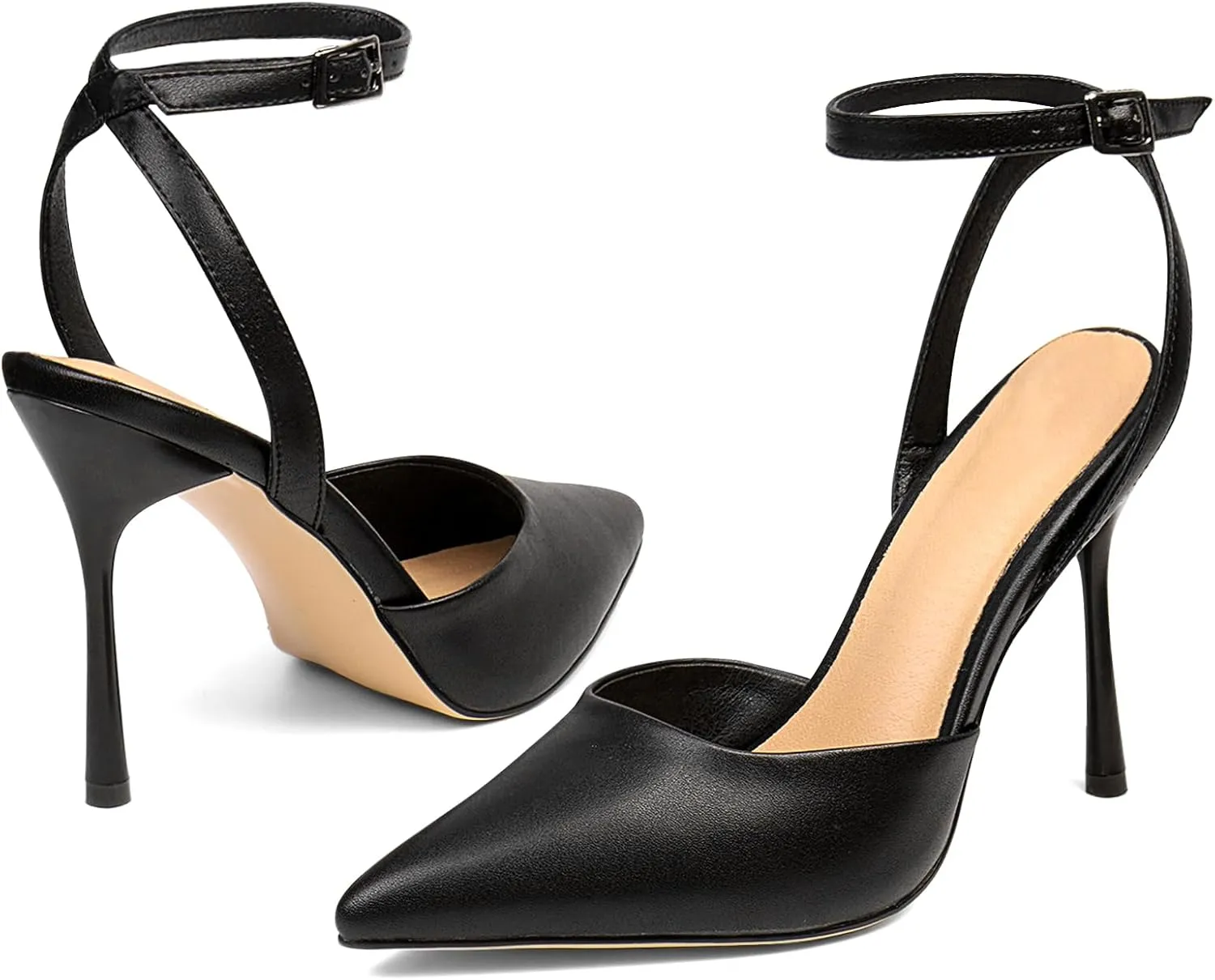 Women's Closed Toe Heeled Sandals Ankle Buckle Strap Mesh Shoes Funky Cowhide Pointed Dresses