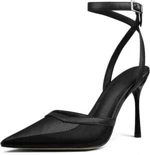 Women's Closed Toe Heeled Sandals Ankle Buckle Strap Mesh Shoes Funky Cowhide Pointed Dresses