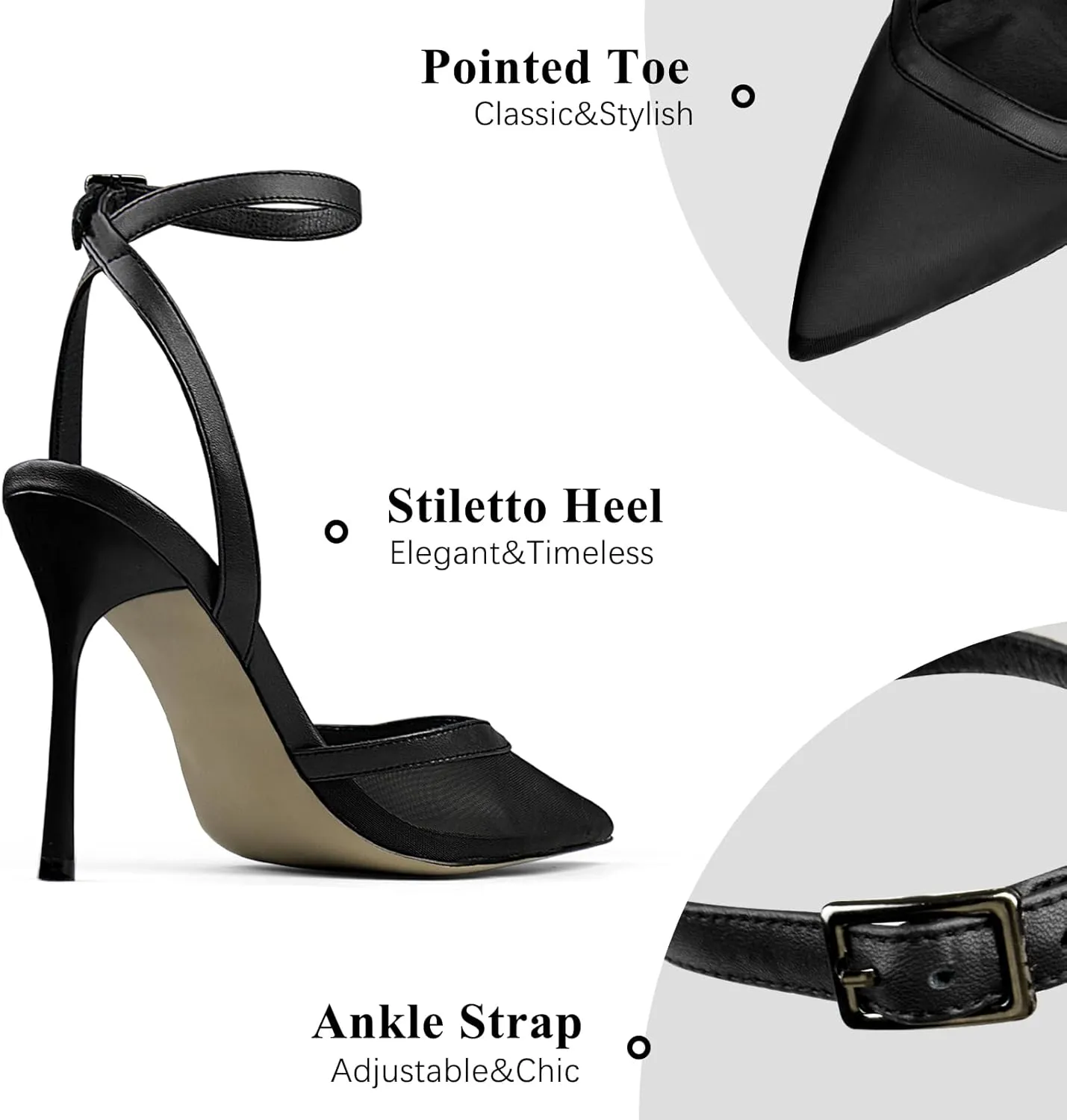 Women's Closed Toe Heeled Sandals Ankle Buckle Strap Mesh Shoes Funky Cowhide Pointed Dresses