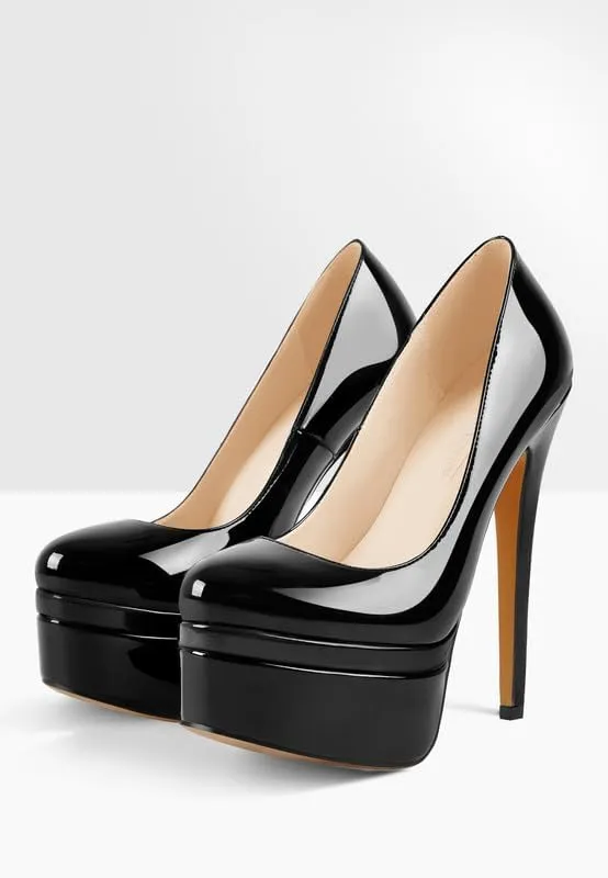 Women's Double Platform Round Closed Toe Stiletto High Heel Pumps