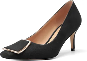 Womens Elegant Pumps, Pointed Toe Heels for Women, Kitten Heel Wedding Shoes, Slip on, Square Buckle, Solid Color, Sexy Stilettos for Ladies 2.5in