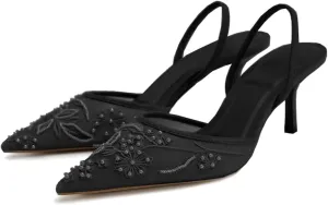 Women's Embroidered Mesh Slingback Pumps with Pointed Toe & Thin Heels - Elastic Strap Dress Shoes for Women Perfect for Parties & Formal Events for Women