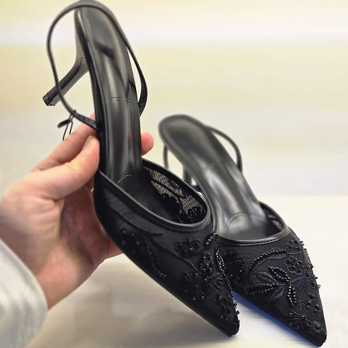 Women's Embroidered Mesh Slingback Pumps with Pointed Toe & Thin Heels - Elastic Strap Dress Shoes for Women Perfect for Parties & Formal Events for Women