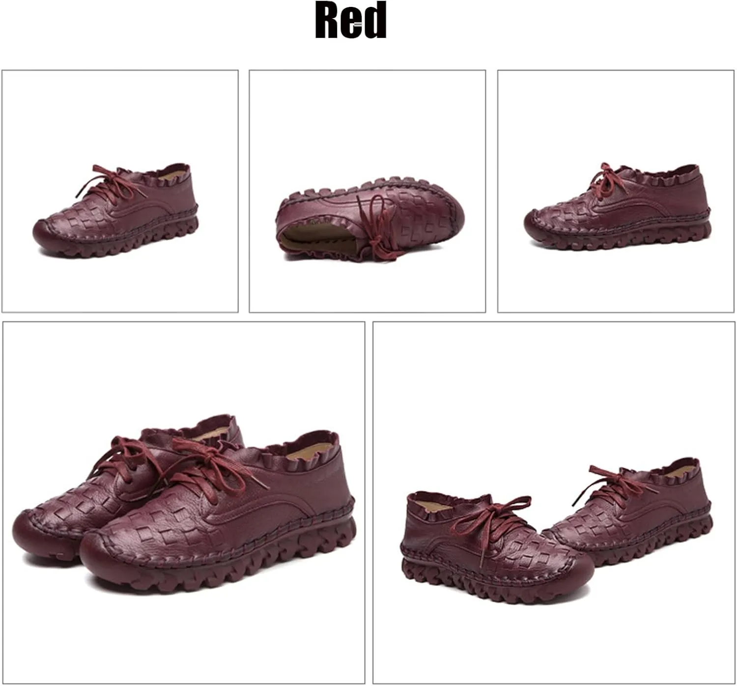 Women's Hand Stitching Lace-up Flat Loafers,Comfortable Classic Woven SOFE Leather Round Toe Non-Slip Breathable Mom Shoes Leisure Walk Soft Sole Driving Shoes