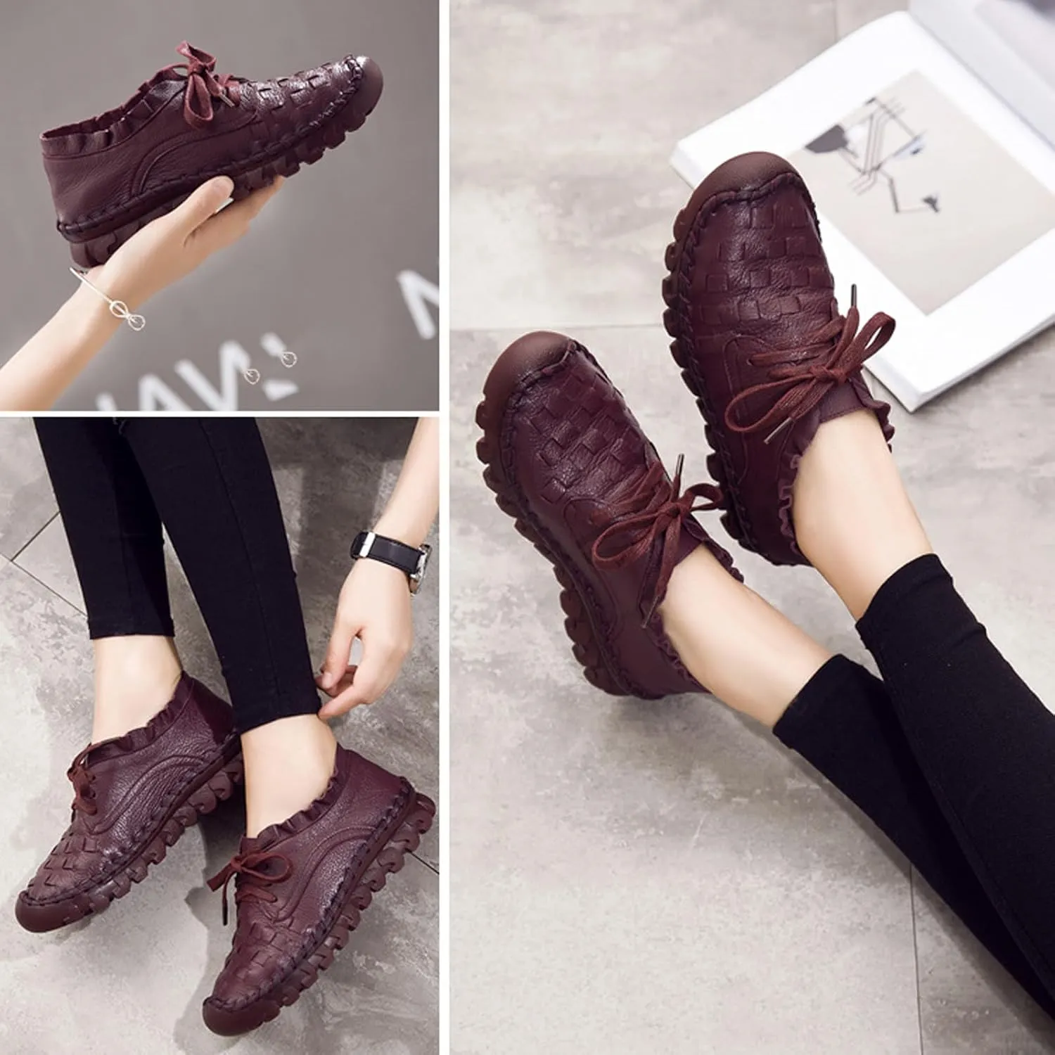 Women's Hand Stitching Lace-up Flat Loafers,Comfortable Classic Woven SOFE Leather Round Toe Non-Slip Breathable Mom Shoes Leisure Walk Soft Sole Driving Shoes