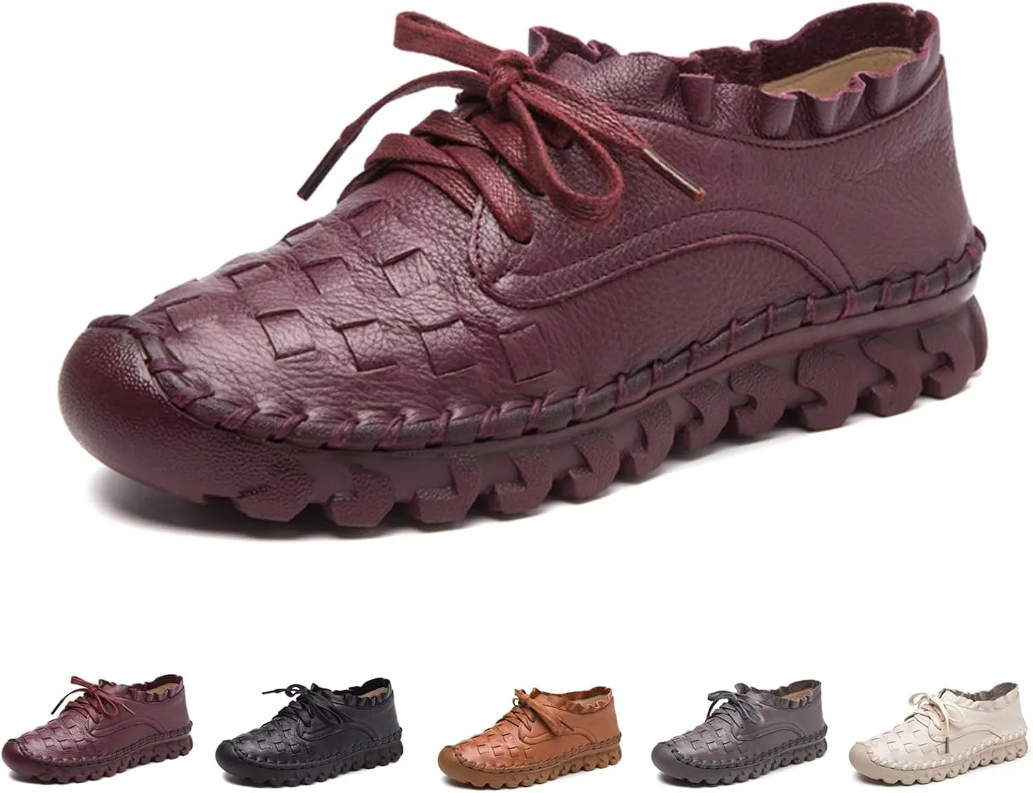 Women's Hand Stitching Lace-up Flat Loafers,Comfortable Classic Woven SOFE Leather Round Toe Non-Slip Breathable Mom Shoes Leisure Walk Soft Sole Driving Shoes