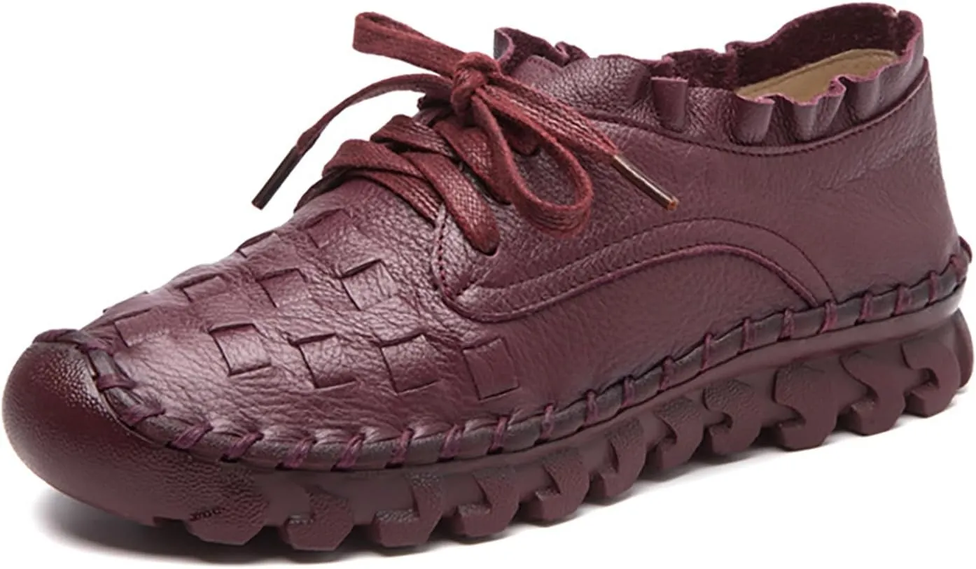 Women's Hand Stitching Lace-up Flat Loafers,Comfortable Classic Woven SOFE Leather Round Toe Non-Slip Breathable Mom Shoes Leisure Walk Soft Sole Driving Shoes