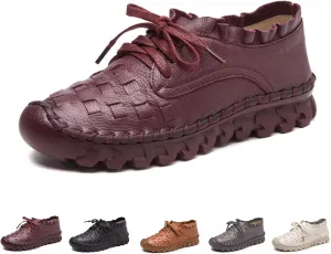 Women's Hand Stitching Lace-up Flat Loafers,Comfortable Classic Woven SOFE Leather Round Toe Non-Slip Breathable Mom Shoes Leisure Walk Soft Sole Driving Shoes