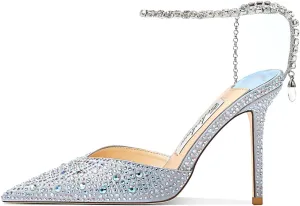 Women's Heeled Sandals Crystal Chain Ankle Straps Rhinestones Buckle High Heels Stiletto Slip On Wedding Party Satin Dress Shoes 3.9 IN