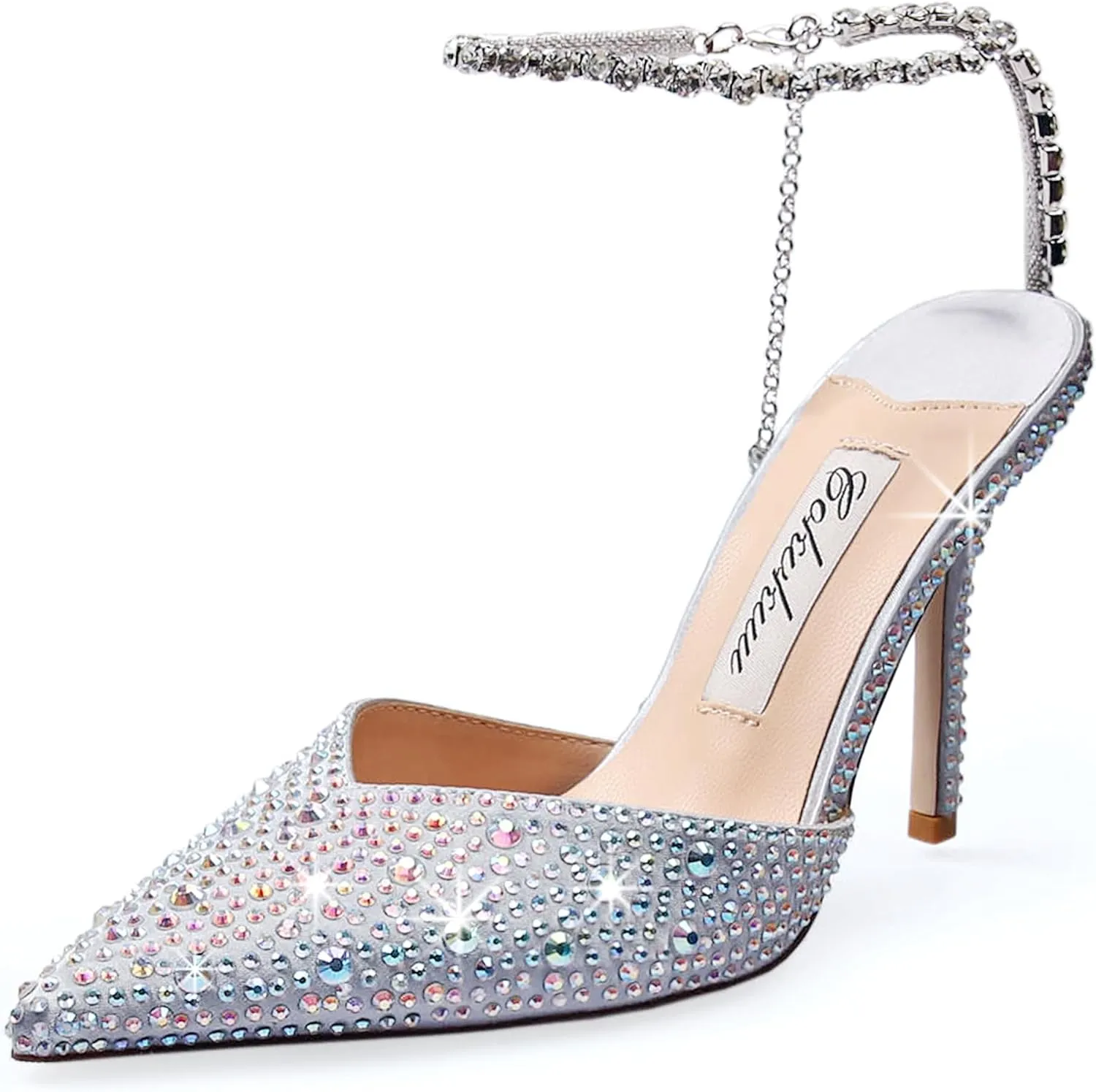 Women's Heeled Sandals Crystal Chain Ankle Straps Rhinestones Buckle High Heels Stiletto Slip On Wedding Party Satin Dress Shoes 3.9 IN