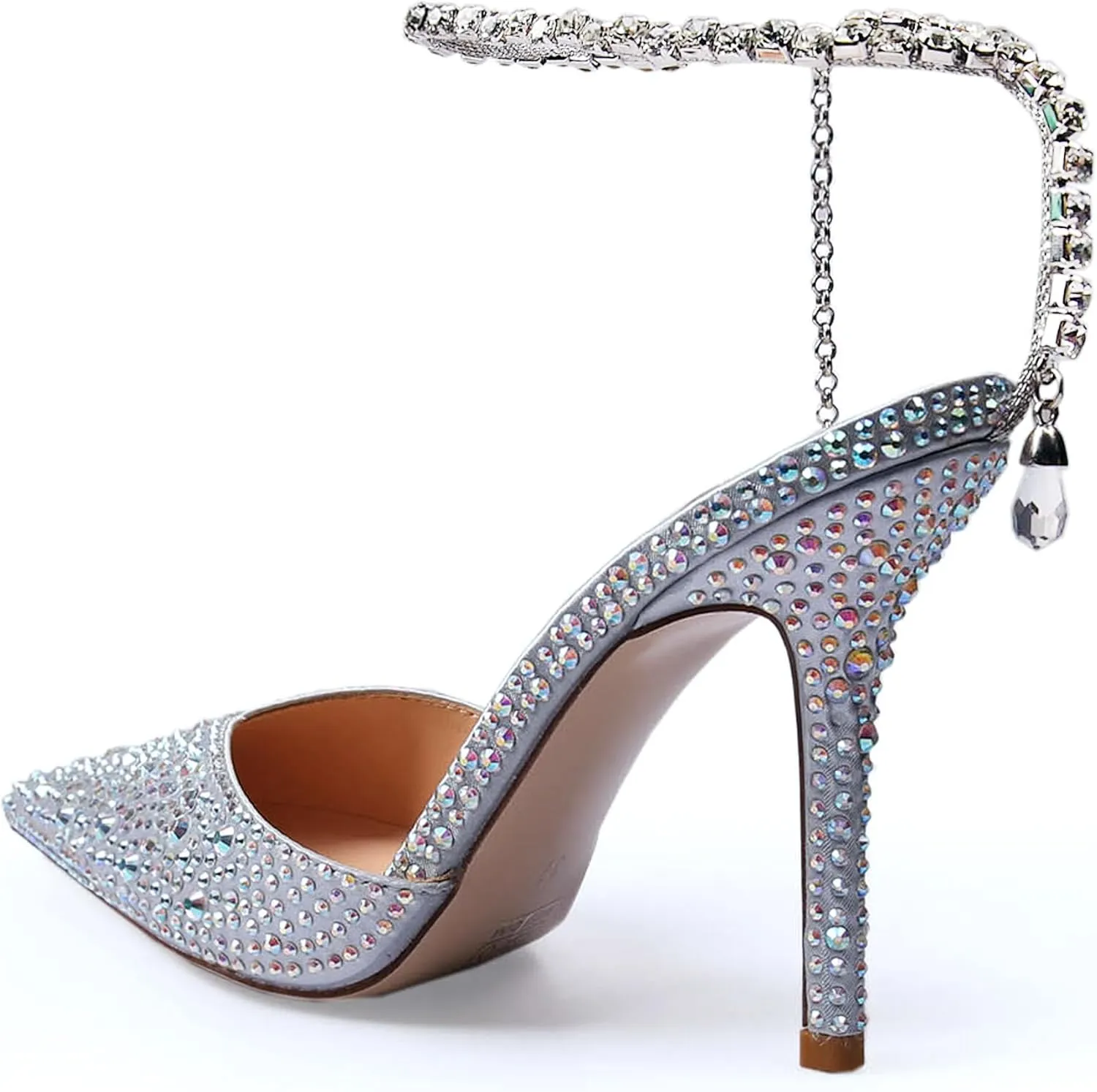 Women's Heeled Sandals Crystal Chain Ankle Straps Rhinestones Buckle High Heels Stiletto Slip On Wedding Party Satin Dress Shoes 3.9 IN