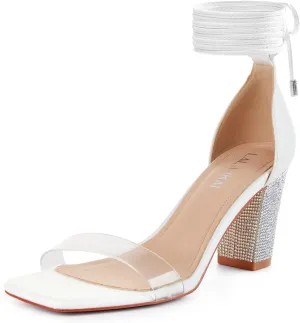 Women's Heels Chunky High Heels Sandals for Women Comfy Open Toe Strappy Rhinestone Heeled White Silver Gold Black Ankle Clear Dress Shoes