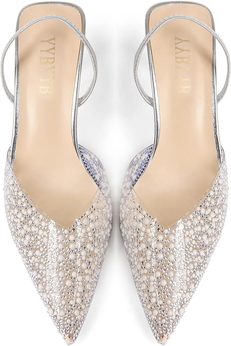 Women's Kitten Heels Pearl Closed Pointed Toe Pumps Rhinestone Slingback Heels Wedding Bride Dress Shoes