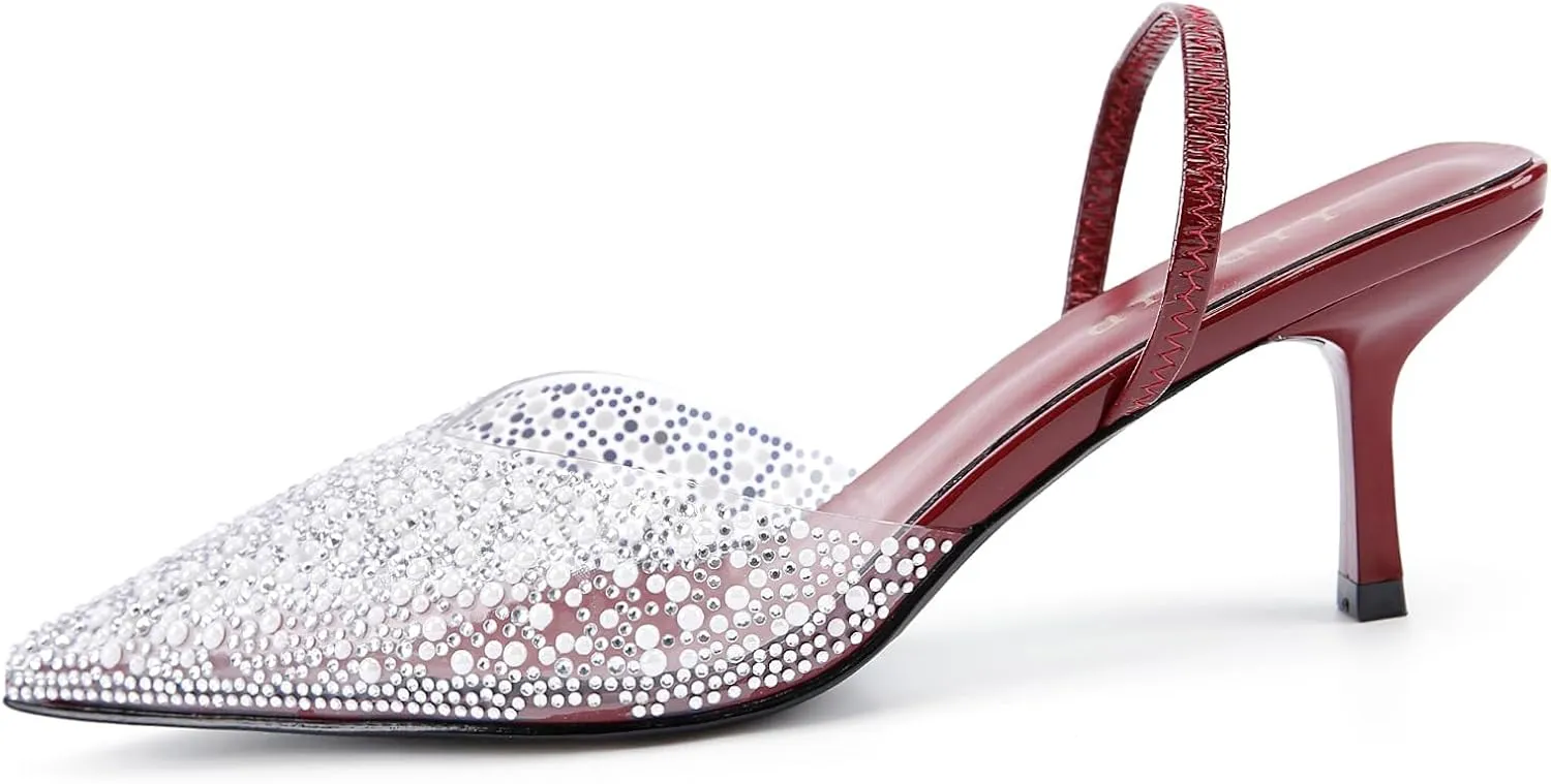 Women's Kitten Heels Pearl Closed Pointed Toe Pumps Rhinestone Slingback Heels Wedding Bride Dress Shoes