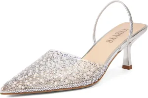 Women's Kitten Heels Pearl Closed Pointed Toe Pumps Rhinestone Slingback Heels Wedding Bride Dress Shoes