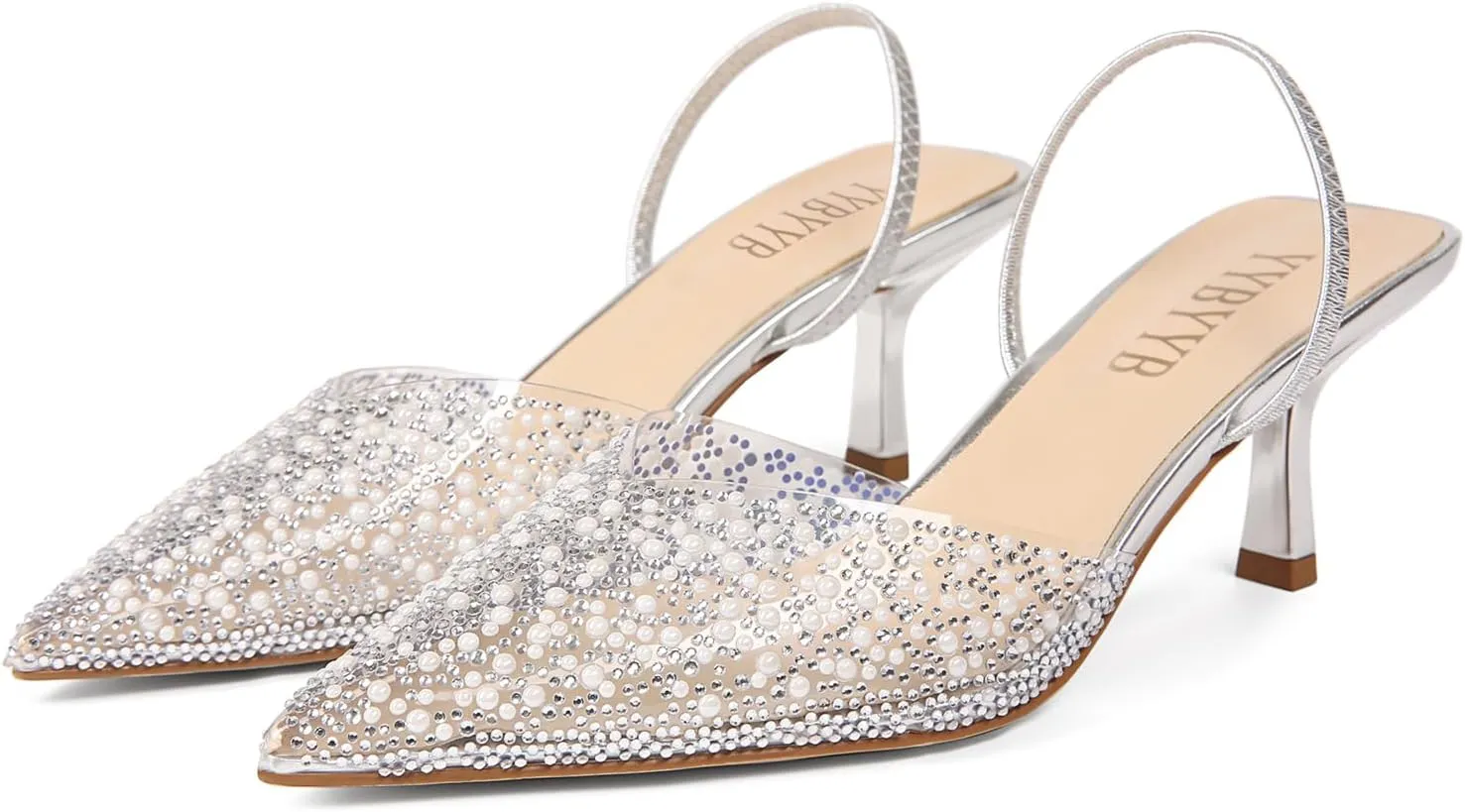 Women's Kitten Heels Pearl Closed Pointed Toe Pumps Rhinestone Slingback Heels Wedding Bride Dress Shoes