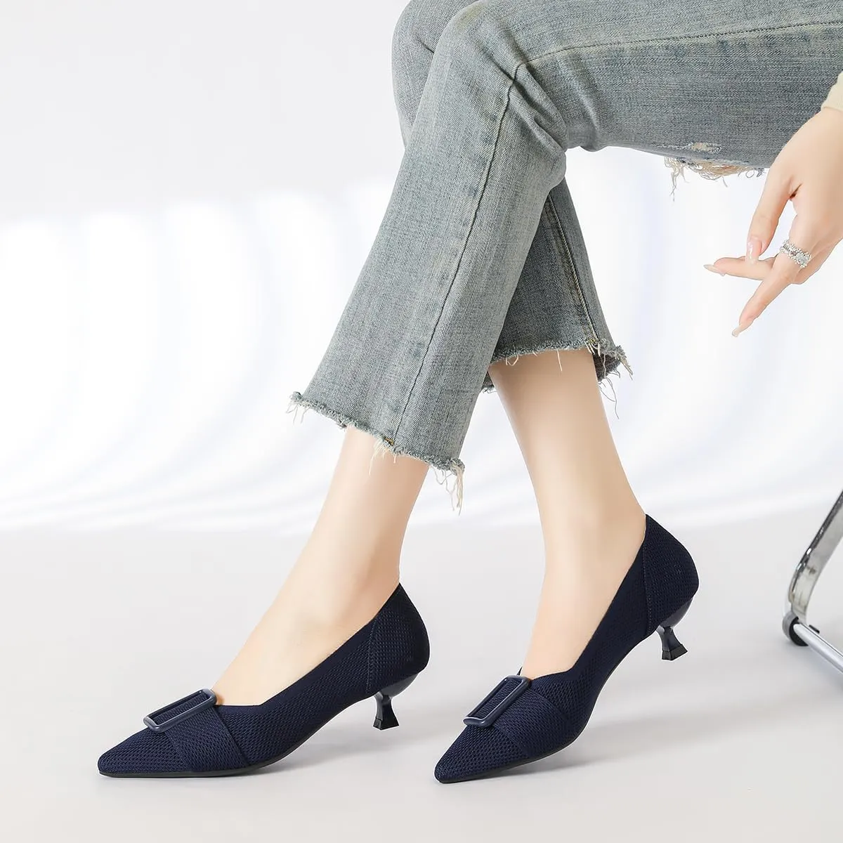 Womens Kitten Heels Pumps Shoes Comfortable Knit Closed Toe Heels for Women Work Office Casual Wedding Dressy