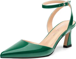Women's Kitten Heels Slingback Pointed Toe Ankle Strap Buckle Dating Cute Patent Spool Mid Heel Pumps Wedding Party Dress Shoes 2.5 Inch