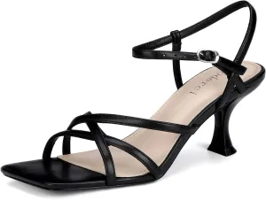 Women's Kitten Heels Strappy Square Open Toe Heels for Women Mid Ankle Strap Heeld Sandals