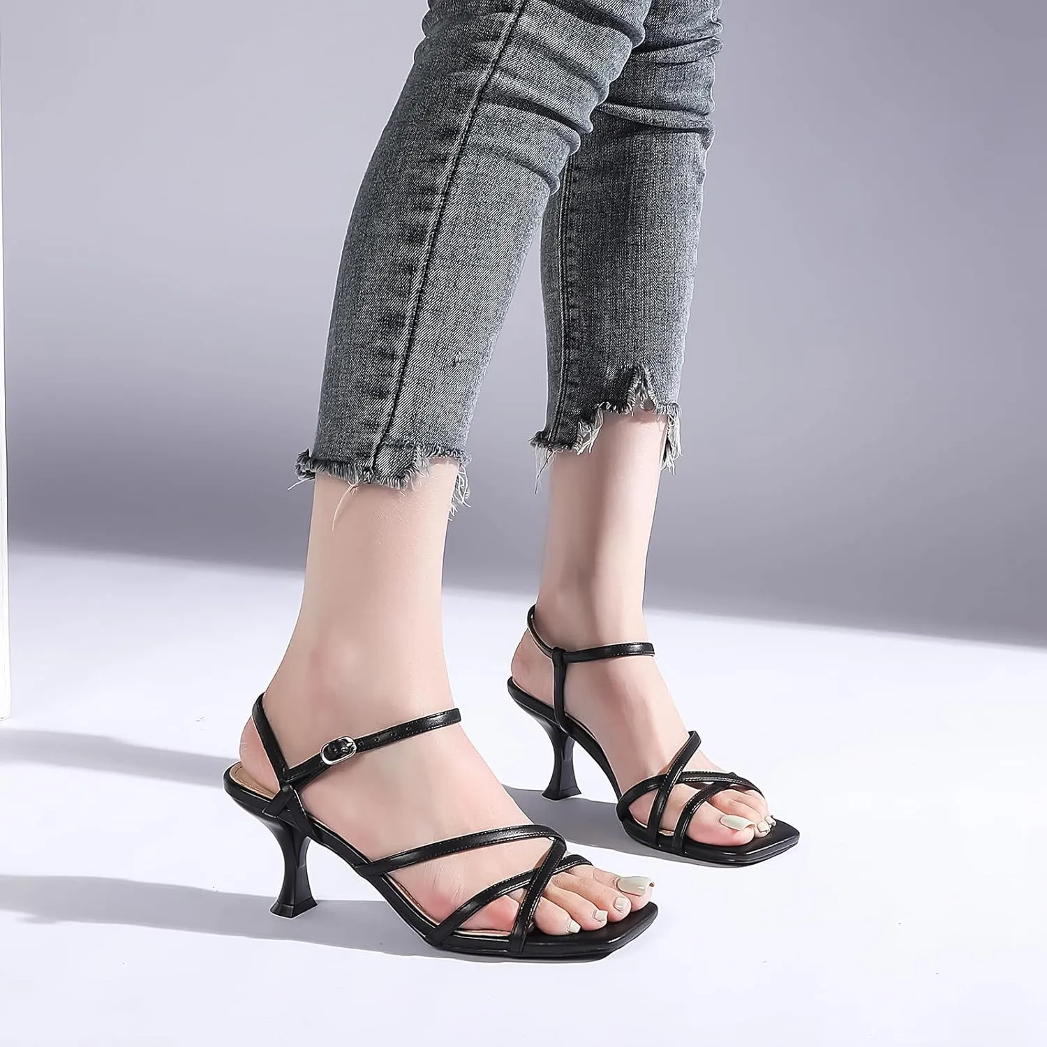 Women's Kitten Heels Strappy Square Open Toe Heels for Women Mid Ankle Strap Heeld Sandals