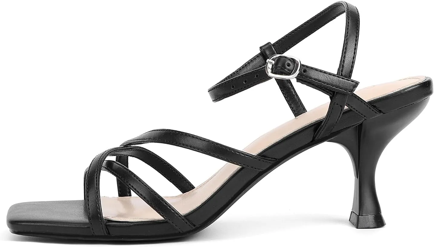 Women's Kitten Heels Strappy Square Open Toe Heels for Women Mid Ankle Strap Heeld Sandals