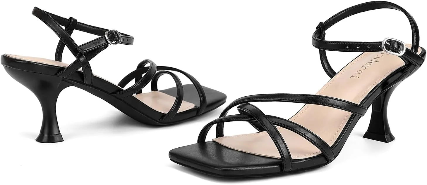 Women's Kitten Heels Strappy Square Open Toe Heels for Women Mid Ankle Strap Heeld Sandals
