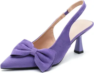 Womens Kitten Heels with Bow Slingback Pointed Closed Toe Low Stiletto Pumps Bridal Elegant Wedding Dress Shoes