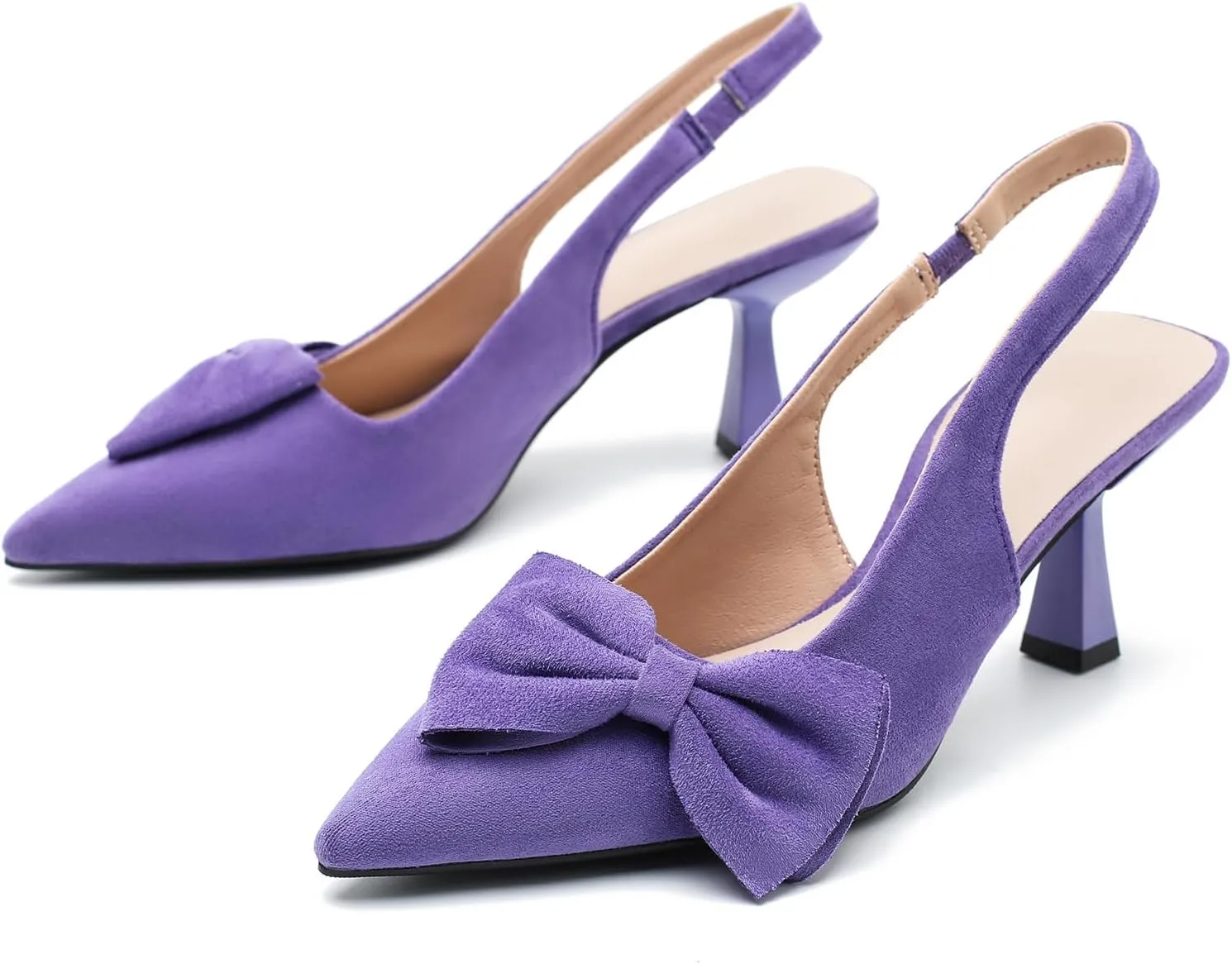 Womens Kitten Heels with Bow Slingback Pointed Closed Toe Low Stiletto Pumps Bridal Elegant Wedding Dress Shoes