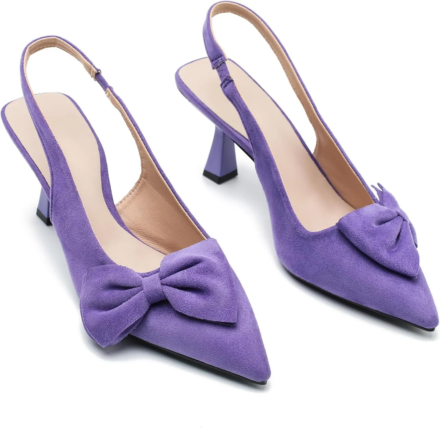 Womens Kitten Heels with Bow Slingback Pointed Closed Toe Low Stiletto Pumps Bridal Elegant Wedding Dress Shoes