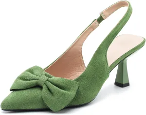 Womens Kitten Heels with Bow Slingback Pointed Closed Toe Low Stiletto Pumps Bridal Elegant Wedding Dress Shoes