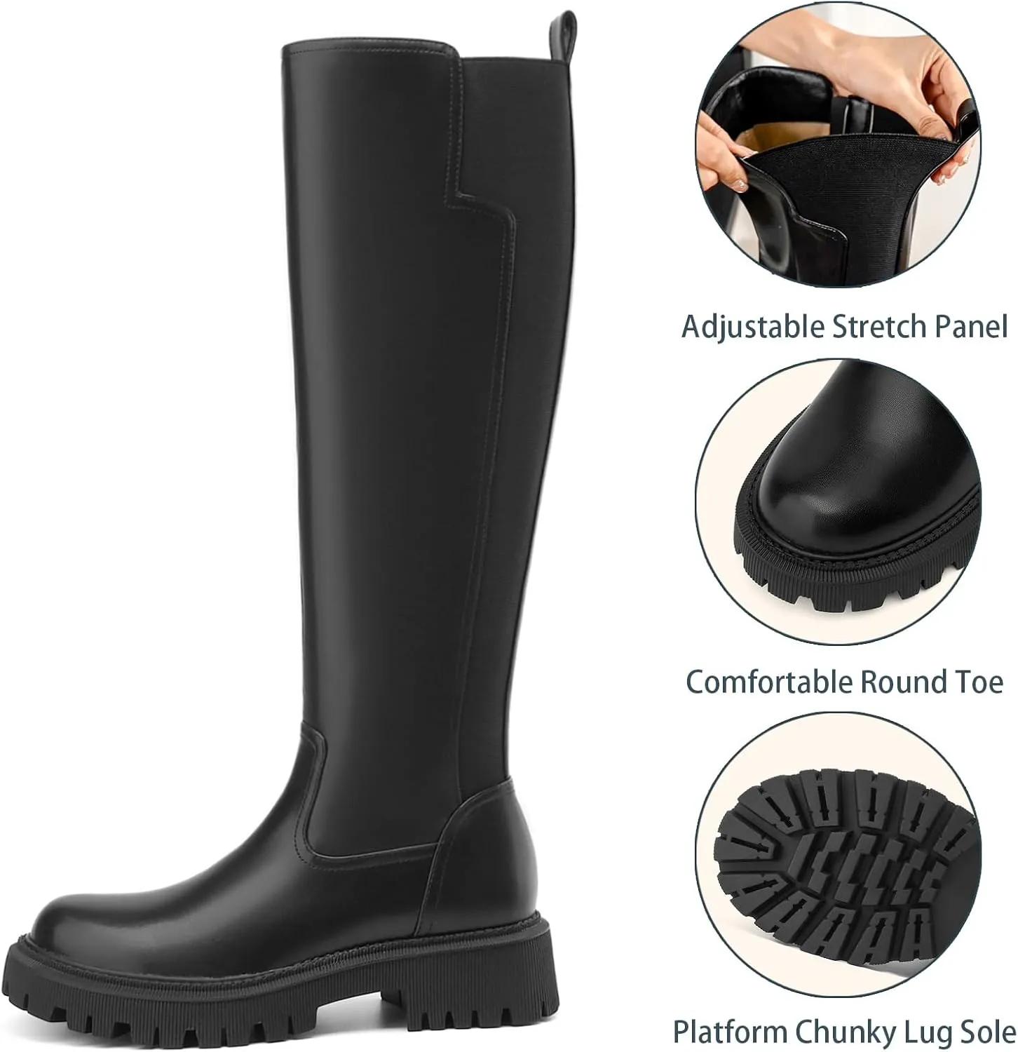 Women's Knee High Boots Fashion Platform Lug Sole Tall Riding Boots Comfortable Stretch Calf Dress Long Boots