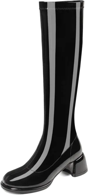 Women's Knee High Boots Round Toe Chunky Heel Tall Boots for Women Side Zipper Long Boots
