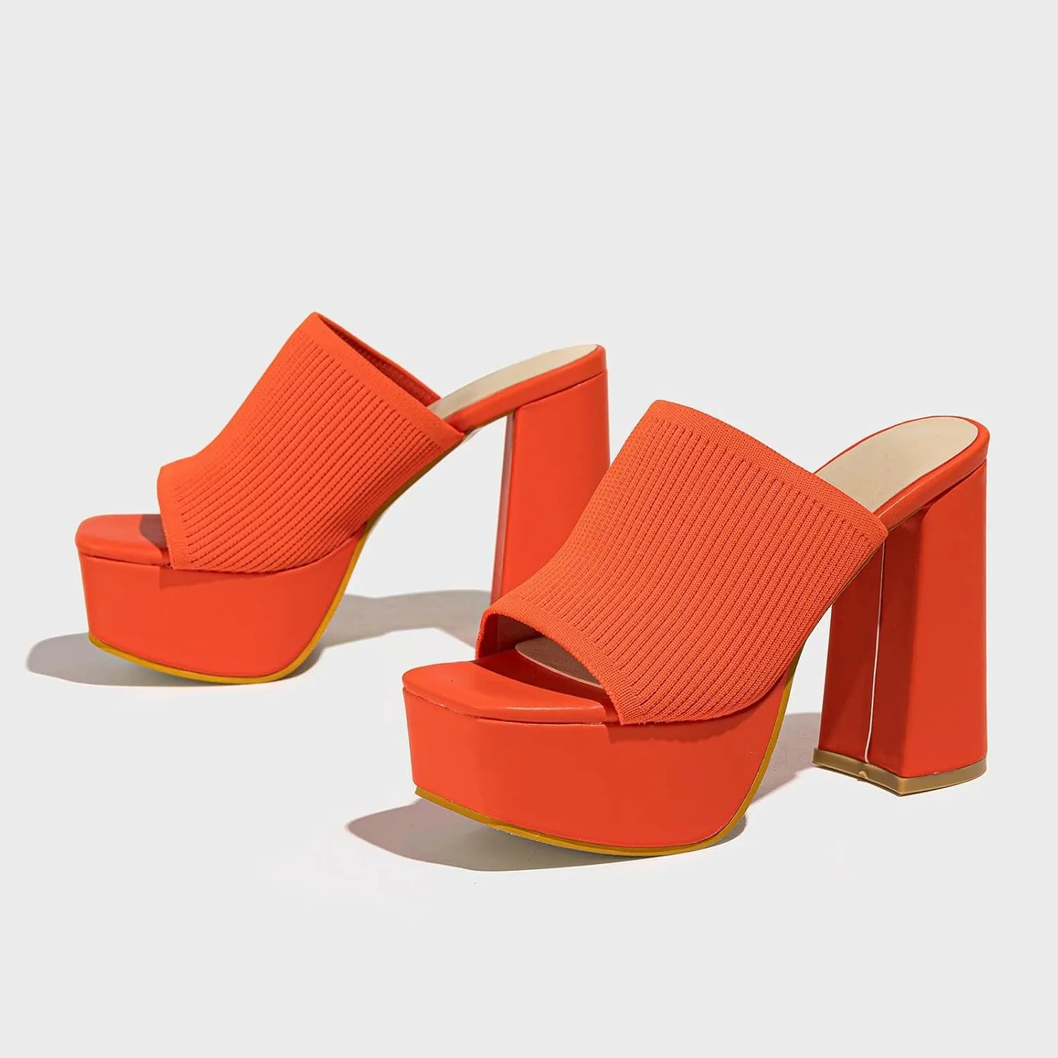 Women's Knitted Suede Platform Chunky Heel Casual Sandals 2025 Summer Casual Open Toe Solid Color Comfortable Slip On Stretch Slippers Wide Width Walking Dress Shoes for Party Beach Vacation