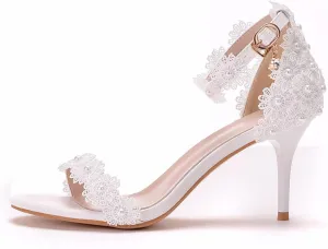 Women'S Lace Pearl one strap Stiletto Sandals With Adjust Ankle Strap sexy fish mouth Open Toe High Heel prom Sandals For Bride Wedding Handmade Party pumps