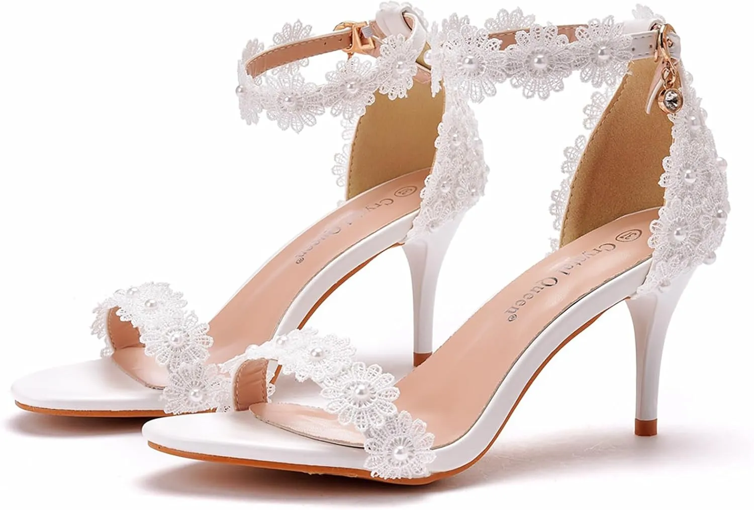 Women'S Lace Pearl one strap Stiletto Sandals With Adjust Ankle Strap sexy fish mouth Open Toe High Heel prom Sandals For Bride Wedding Handmade Party pumps