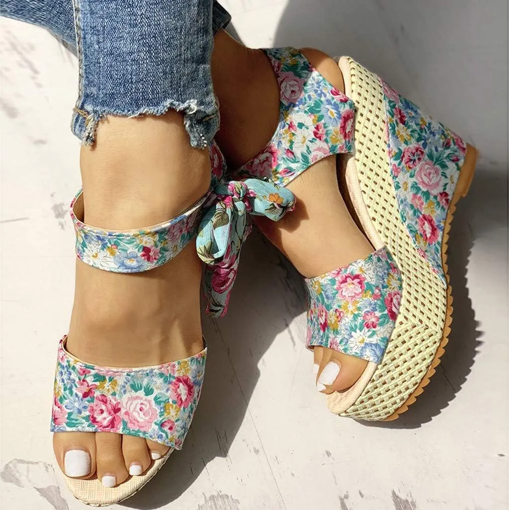 Women's Ladies Platform Wedges Heel Sandals Floral Flower Lace-Up Shoes Footwear Wedge Slide Sandals for Women