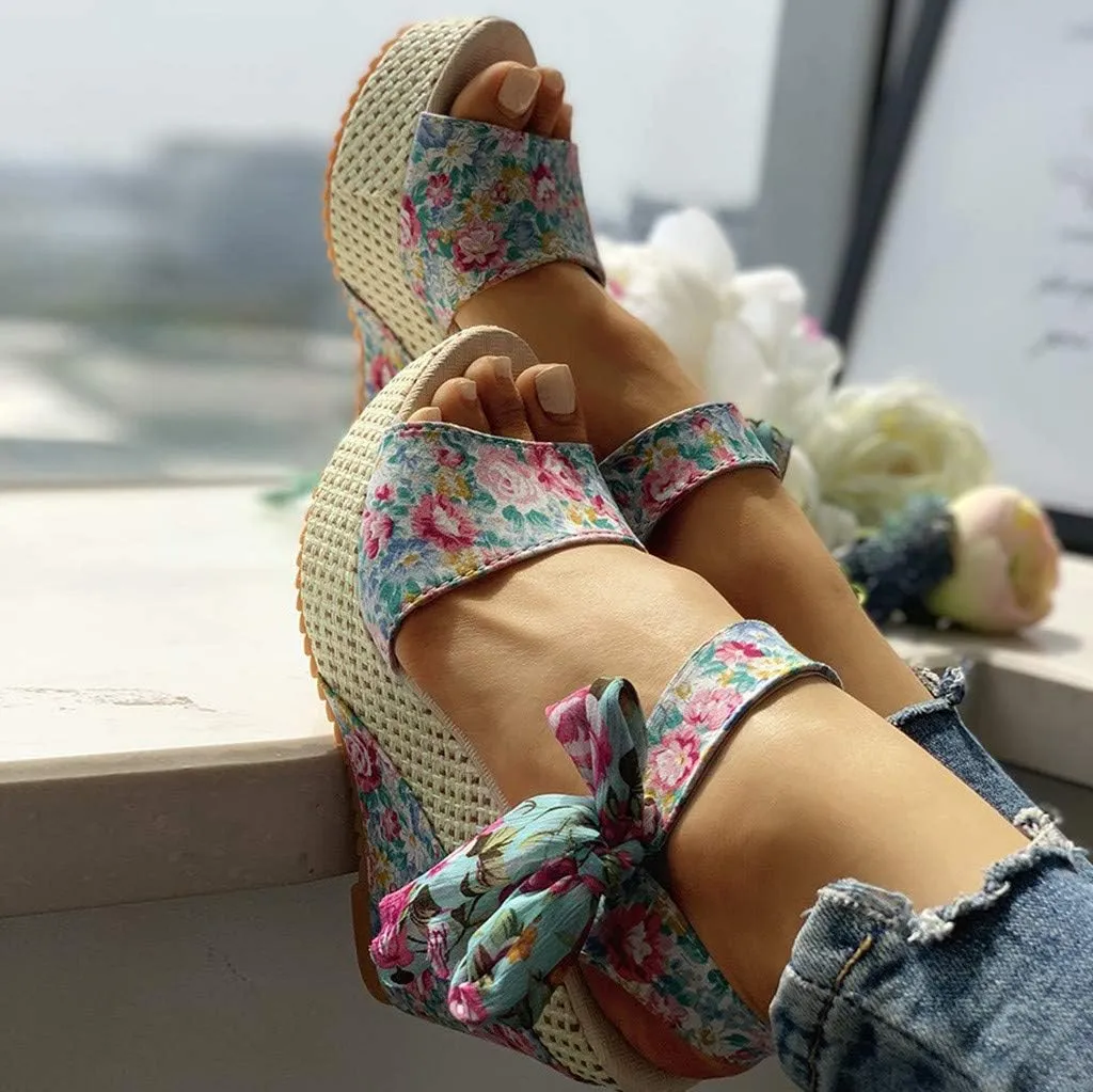 Women's Ladies Platform Wedges Heel Sandals Floral Flower Lace-Up Shoes Footwear Wedge Slide Sandals for Women