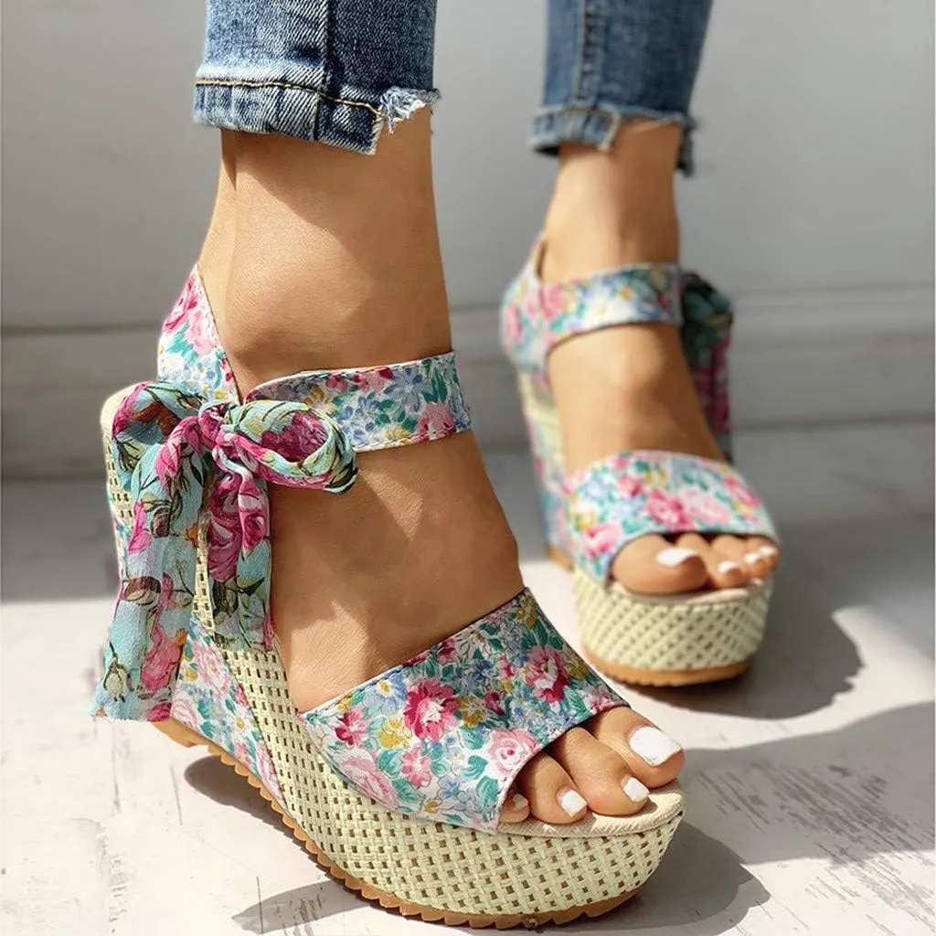Women's Ladies Platform Wedges Heel Sandals Floral Flower Lace-Up Shoes Footwear Wedge Slide Sandals for Women