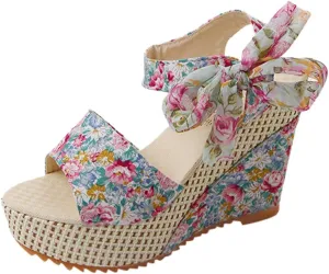 Women's Ladies Platform Wedges Heel Sandals Floral Flower Lace-Up Shoes Footwear Wedge Slide Sandals for Women