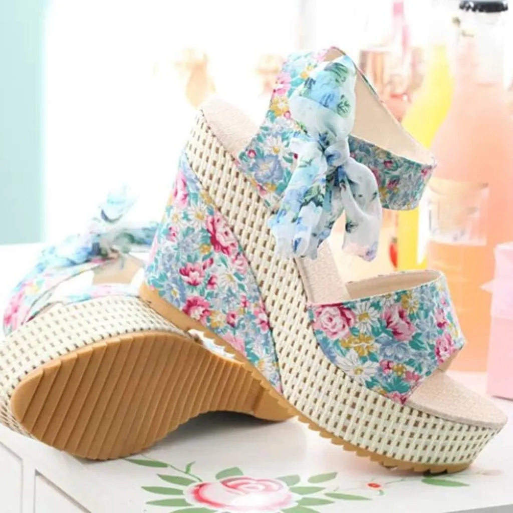 Women's Ladies Platform Wedges Heel Sandals Floral Flower Lace-Up Shoes Footwear Wedge Slide Sandals for Women